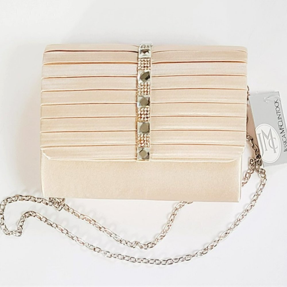 NWT Jessica McClintock Rhinestones Satin Party Clutch Evening Crossbody Bag - Picture 1 of 5